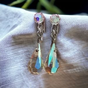 Dainty AB Crystal Dangle Teardrop Silver Tone Vintage Screw Back Earrings